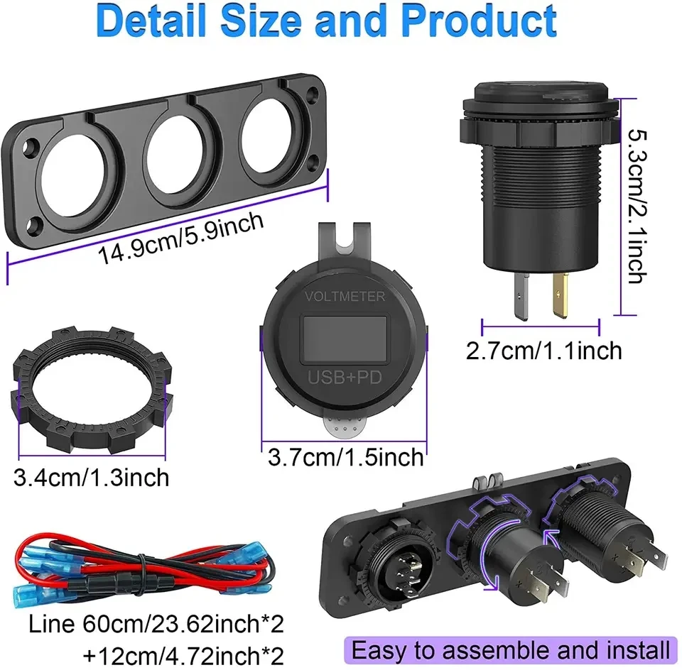 48W PD3.0 & QC3.0 USB C Car Charger and Waterproof Rocker Toggle Switch 12V/24V USB Outlet Panel mount