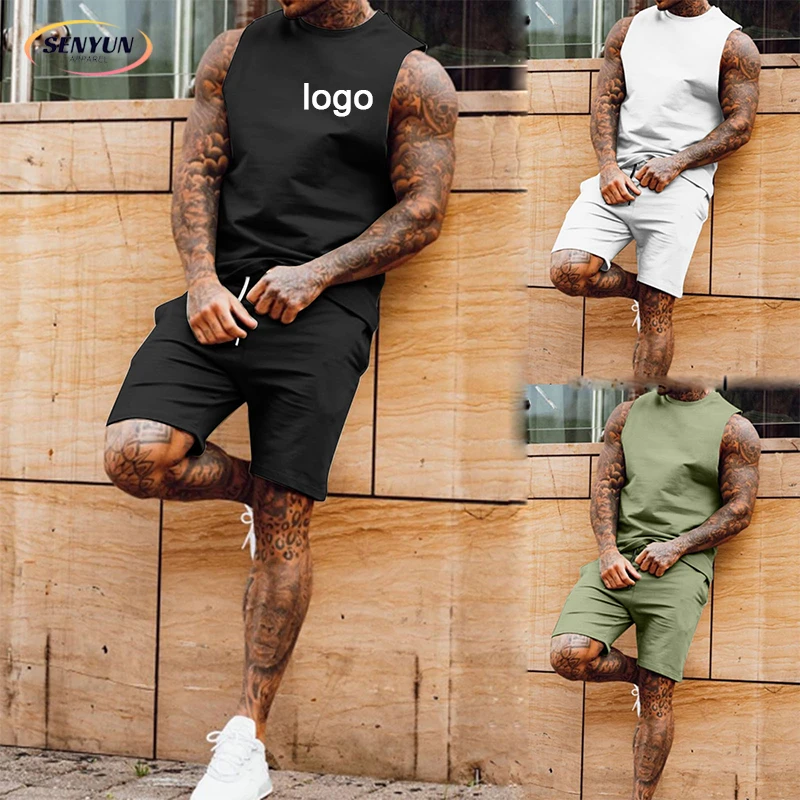 Мужская спортивная одежда с логотипом на заказ однотонный жилет шорты спортивный костюм из двух предметов большие размеры 3XL мужской летний комплект свитеров без