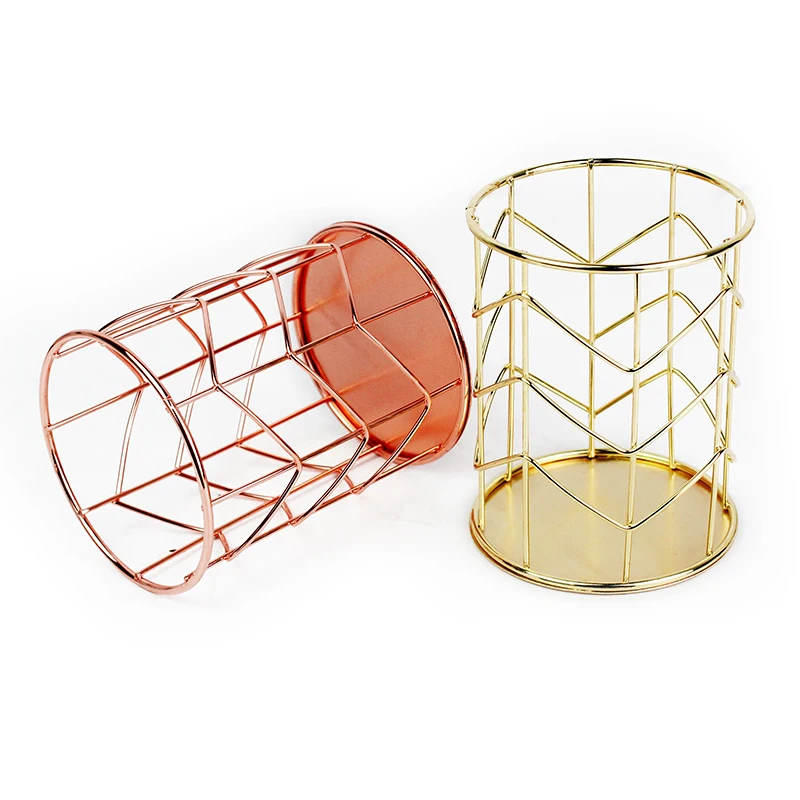 Desktop Round pen storage container Rose Metal Gold oblique meshed shape Pencil Holder