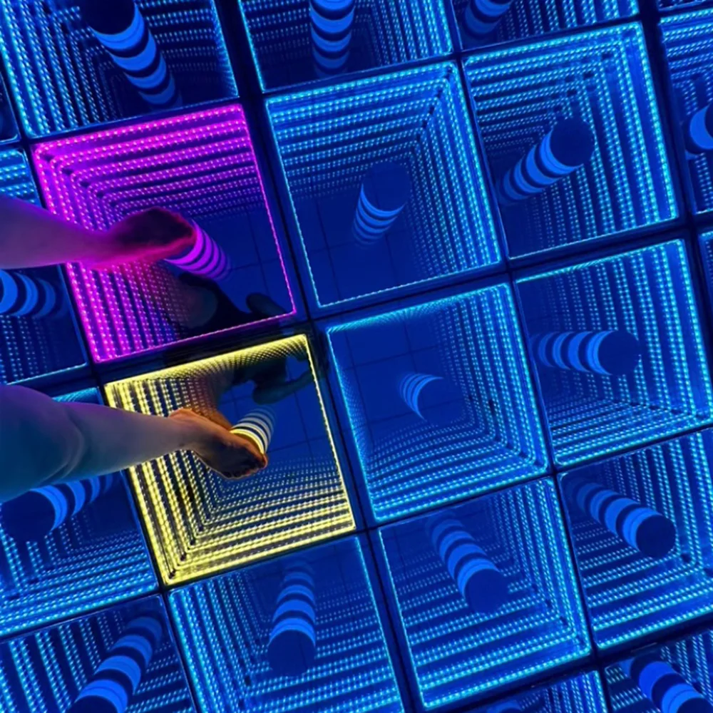 China Factory Nightclub Disco Stage DMX RGB Colors Induction Led Floor Interactive Mirror Infinity 3D Led Glass Dance Floors