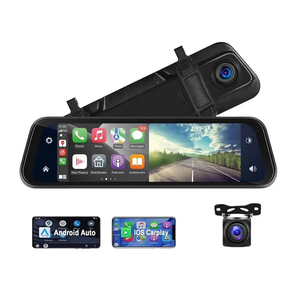 9.66' IPS Touch Screen Streaming Media Car Mirror DVR Front Rear Dash Cam Wireless Carplay Android Auto