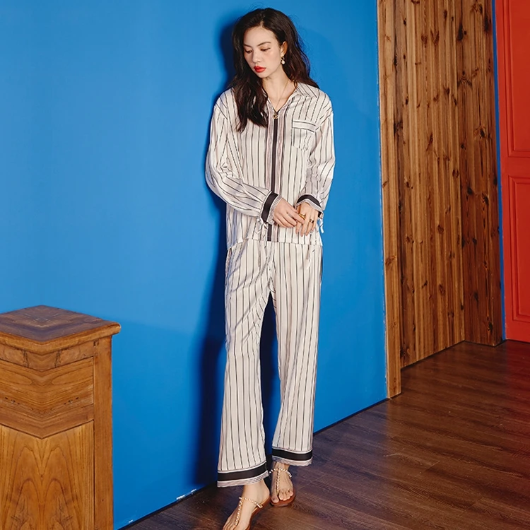 Ladies Silk Vertical Stripe Spring Summer Pajama Set Pyjama De Luxe Women Sleepwear Loungewear Set
