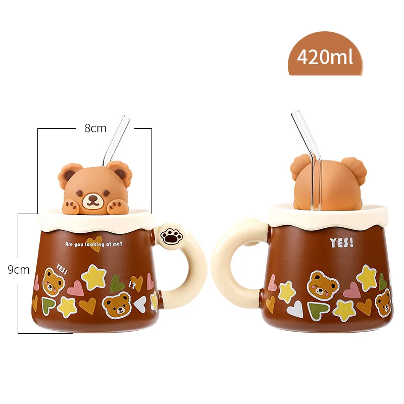 Ins Novelty Design Cartoon Milk Mug Coffee Mug Bear Design Cup Ceramic Cute with 3D Bear Lid Mugs Party Black and White