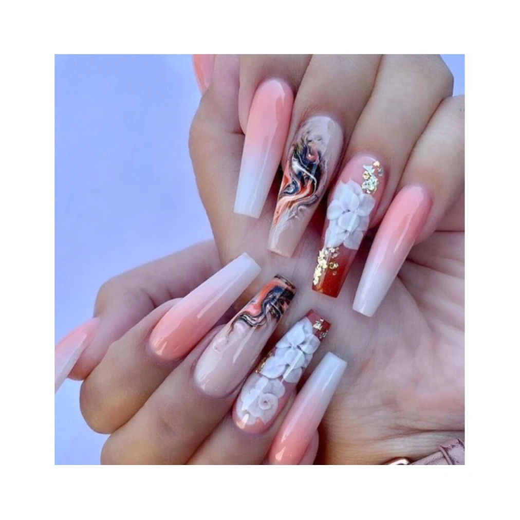 Finished Artificial Nails Flower Swirl Pink 2XL Ballerina Reusable False Nails Black and White Snake Design Almond Fake Nails