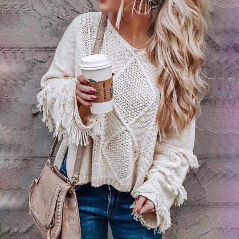 
Fashion V Neck Flare Sleeve Women Casual Tassel Sweater 