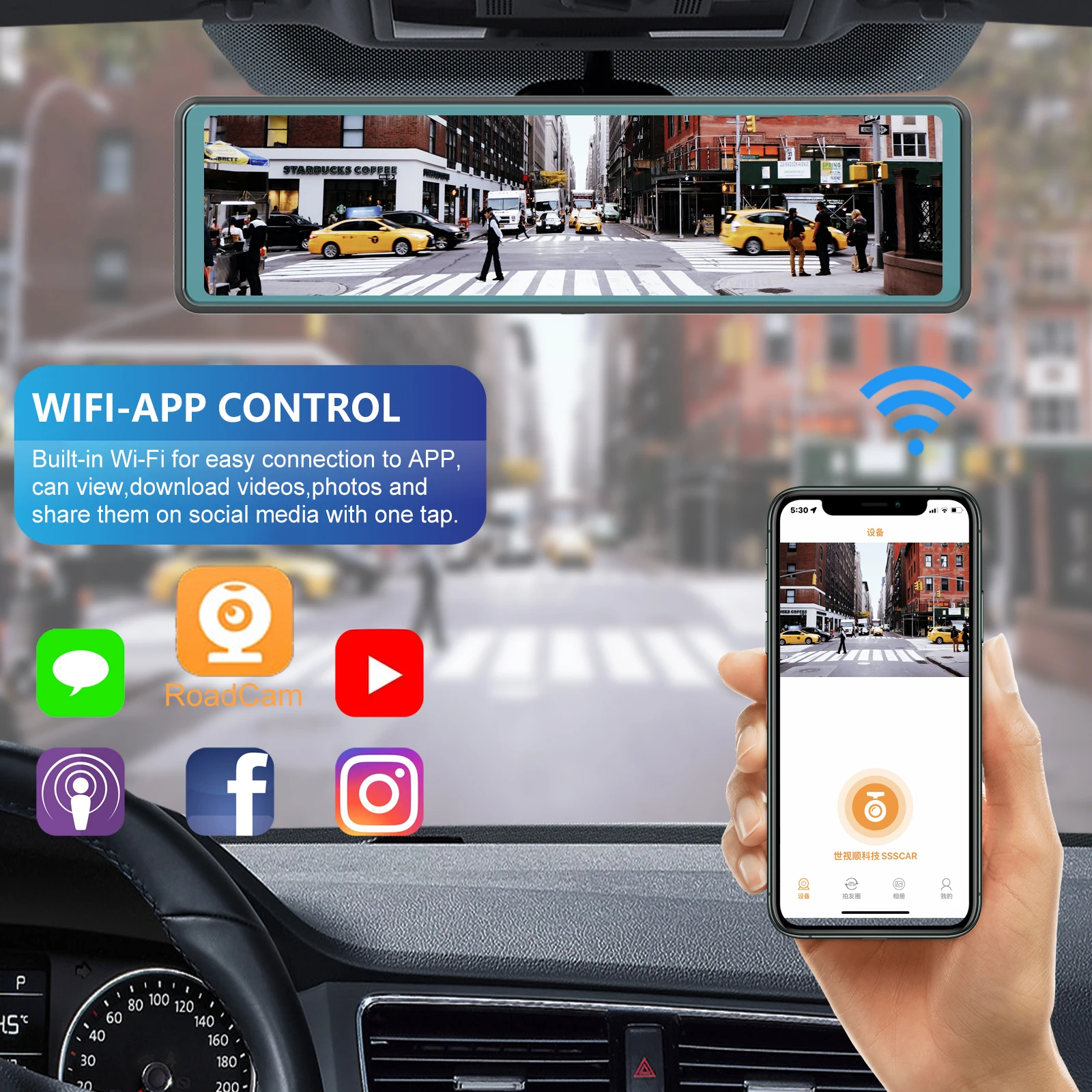 12 inch  Touch screen rearview mirror dash camera 3 channel 2k wifi dash cam Front rear and inside 3 lens 2k wifi gps dashcam