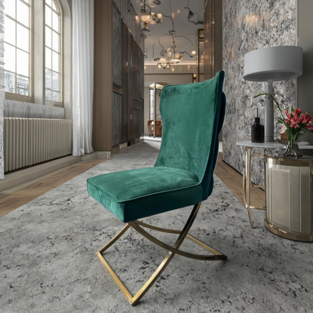 Современный бархатный стул с высокой спинкой обеденный синей перекрестной ножкой из нержавеющей стали застегнутой для квартиры тренажерного зала деревянный PP