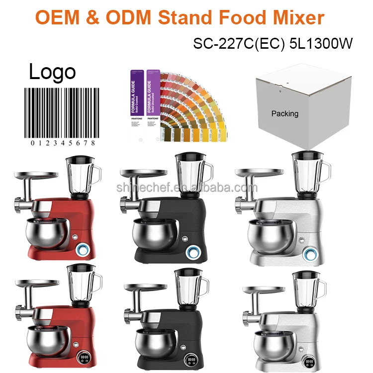 1300W Food Processor Kitchen Appliances 5L Stainless Steel Bowl Electric LED Display Stand Foods Mixer With Meat Grinder Blender