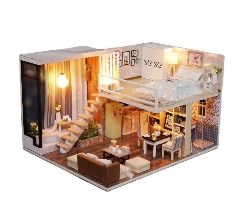 House Miniature DIY Dollhouse With Furnitures Wooden House Waiting Time Toys For Children Birthday Gift