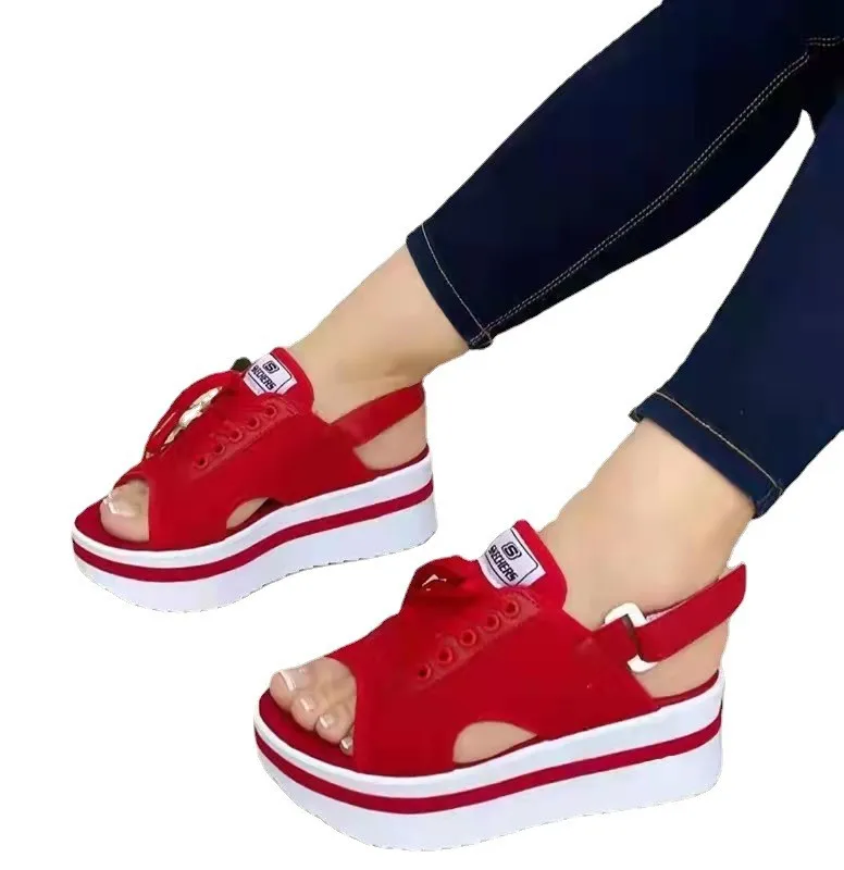 Сандалии женские на толстой подошве однотонные пляжные Босоножки с открытым носком шнуровке повседневные туфли танкетке лето