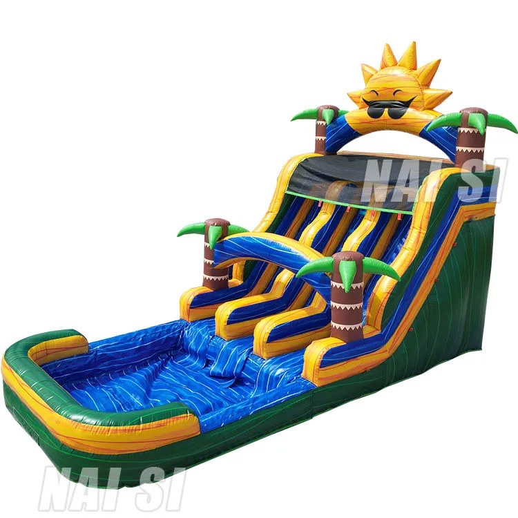 China Factory Commercial Blue Crush Palm Tree kids Inflatable Water Slide With Pool