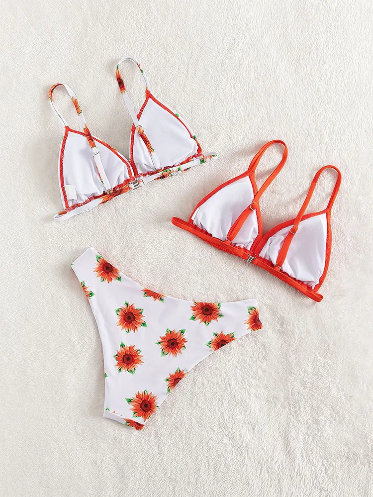 Custom Girls Swimwear 3 Piece Set Floral Print Kids Thong Micro Bikinis Swimsuit Sets