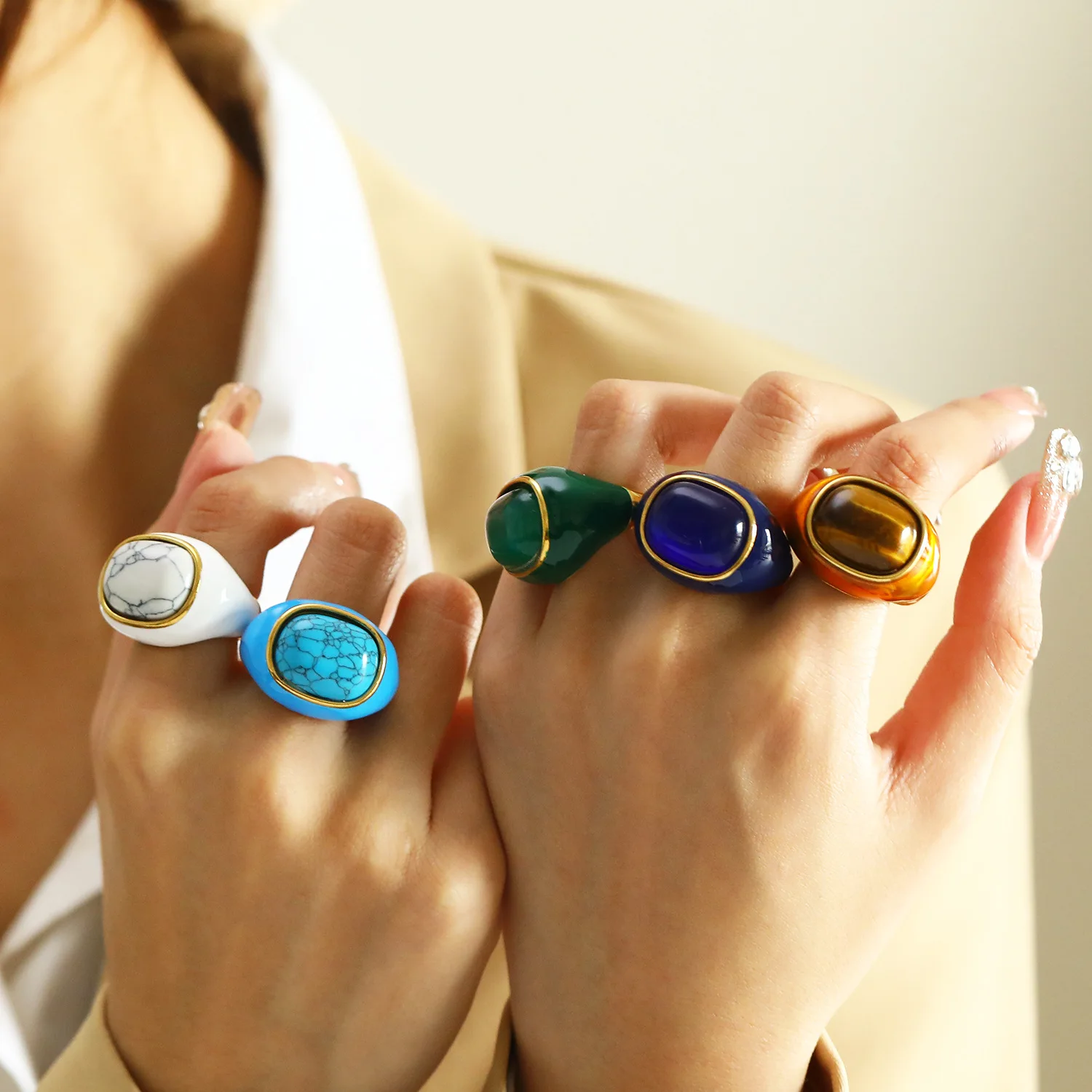 Trendy Oil Drip Enamel Rings 18K Gold Plated Stainless Steel Oval Turquoise Opal Tiger Eye Stone Inlay Glazed Rings