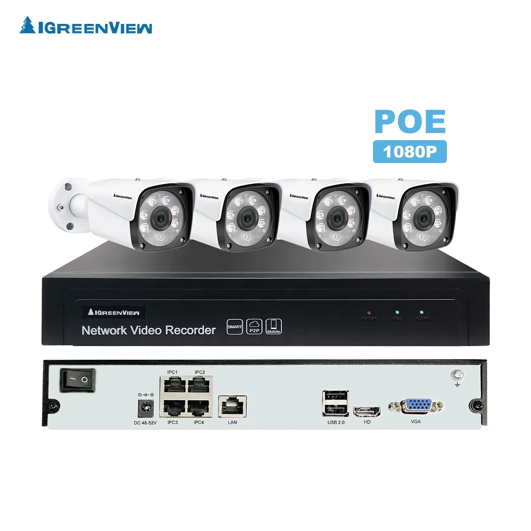 Дешевые 4Ch автономный 48 В реального cctv камера комплект системы видеонаблюдения 1080P ip poe с H.265 NVR
