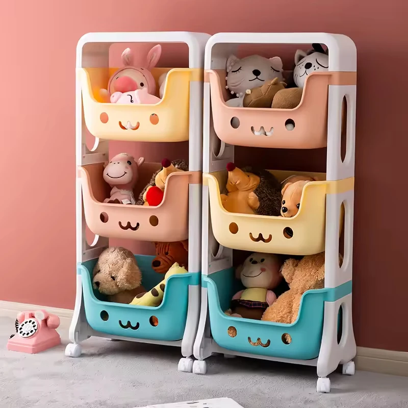 China Gold Supplier Movable 1-4 Layer Cartoon Smile Toy Organizer Trolley Plastic Kids Storage Rack With Wheels