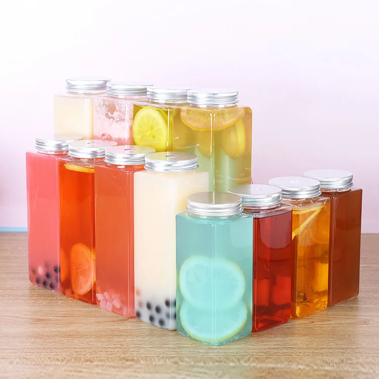 
Wholesale Aluminum Screw Lid Square Shaped Milk Tea Contianer Beverage 500ml Clear Plastic Juicy Bottles Pet 