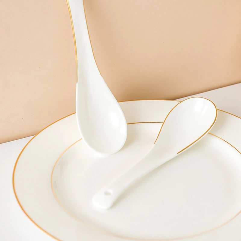 Bulk Minimalist Style Bone China White Japanese Spoon White Gold Rim Ceramic Rice Serving Spoon Asian Soup Spoon