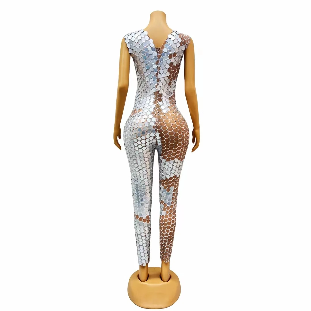 Shiny Sleeveless Glitter Sequin One Piece Bodysuit Slim Fit Rompers Pole Dance Leotard Plus Size Women Party Rhinestone Jumpsuit