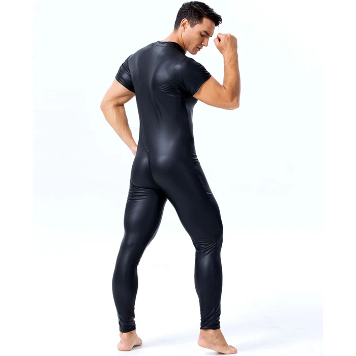 
Wonder Beauty Mens Faux Leather Jumpsuit Short Sleeve Skinny Vinyl Body Suit Gay Clubwear 