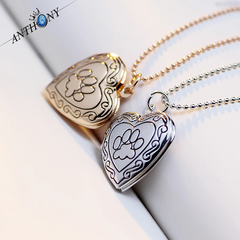JAENONES Cat And Dog Paw Footprints Heart-Shaped Memory Photo Box Pendant Necklace Fashion Pet Jewelry