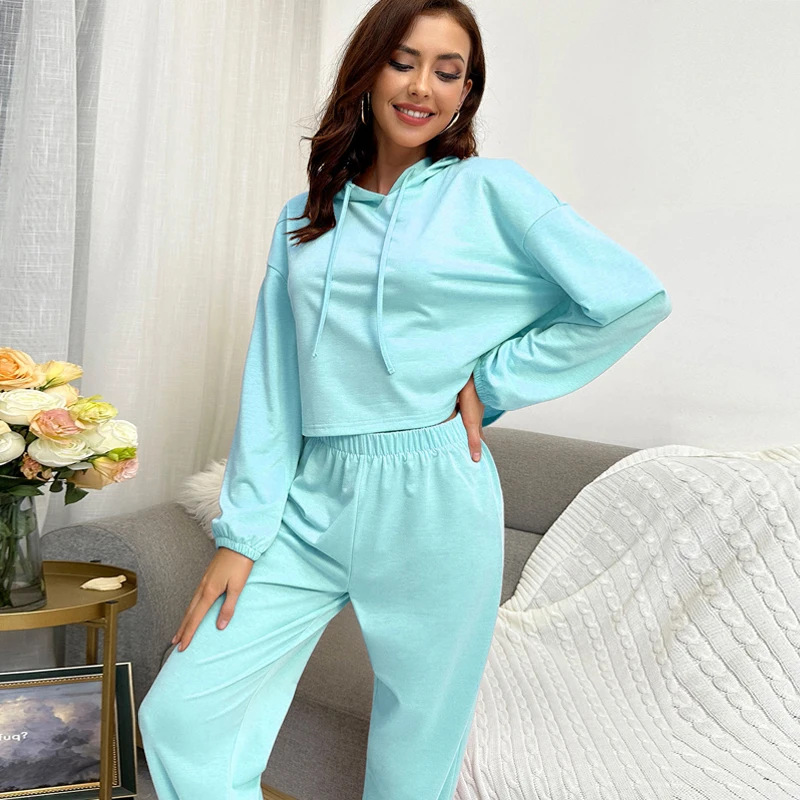 Custom Drop Shoulder Drawstring Hoodie Sweatpants Jogging Sweatshirts Suits Gym crop tops for women Set print logo for spring