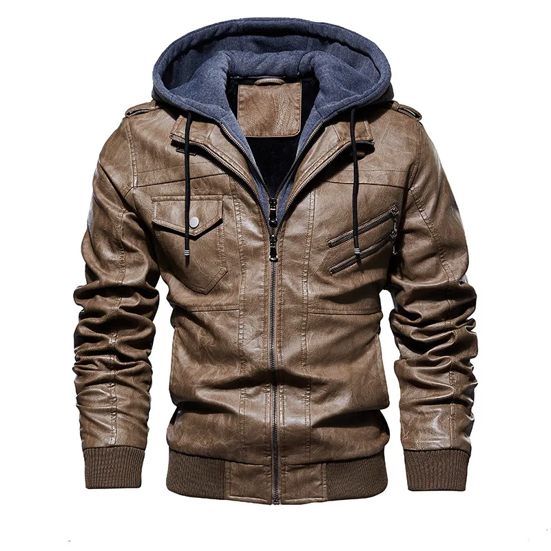 Cuero Chaquetas-de-piel Hombr Rompevientos Chaqueta brown leather jacket Men Shearling Zipper Hooded Coat Brown Leather Jacket