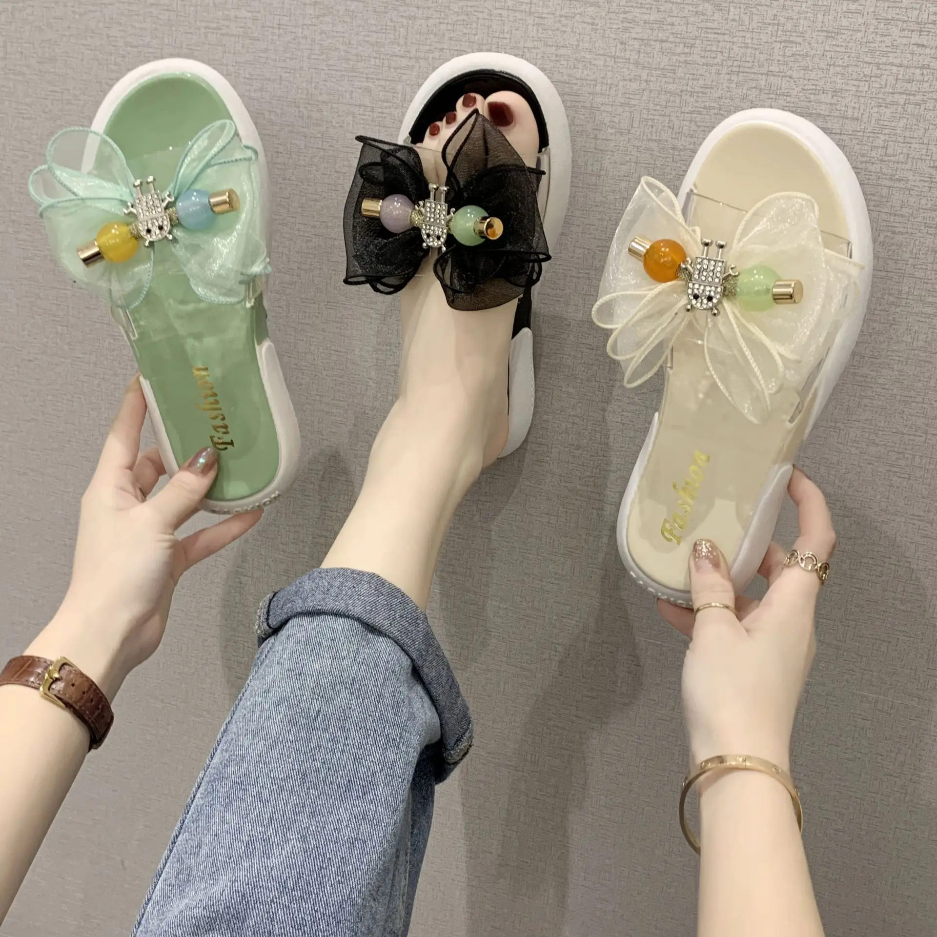 Spring and summer new fashion trend a word shu ladies flat with anti-slip color bow web celebrity cool drag