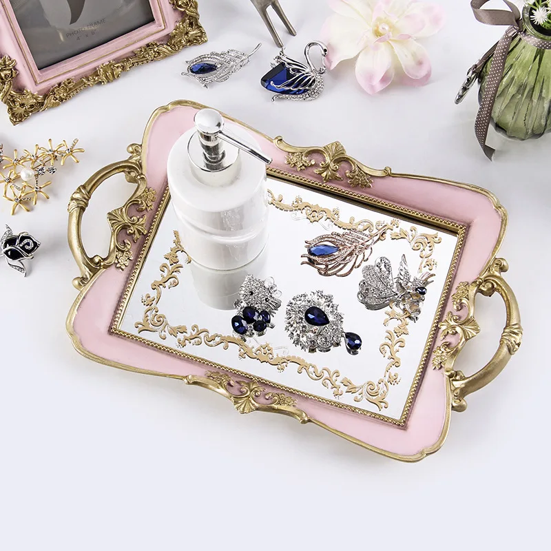 European Style gold Decoration Custom Hotel Home Decor Antique serving Mirror Square Jewelry Resin Fruit Tray For Wedding luxury