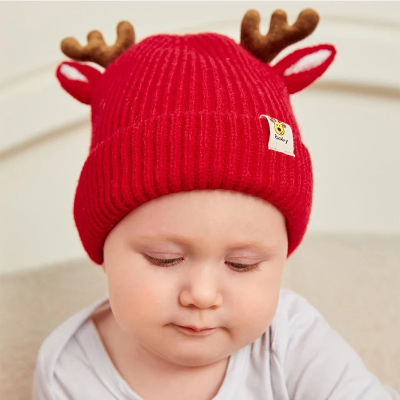 Cute deer design knitting hats baby thread crochet cap with ears boy girls Christmas red beanie kids knitted hat for Winter