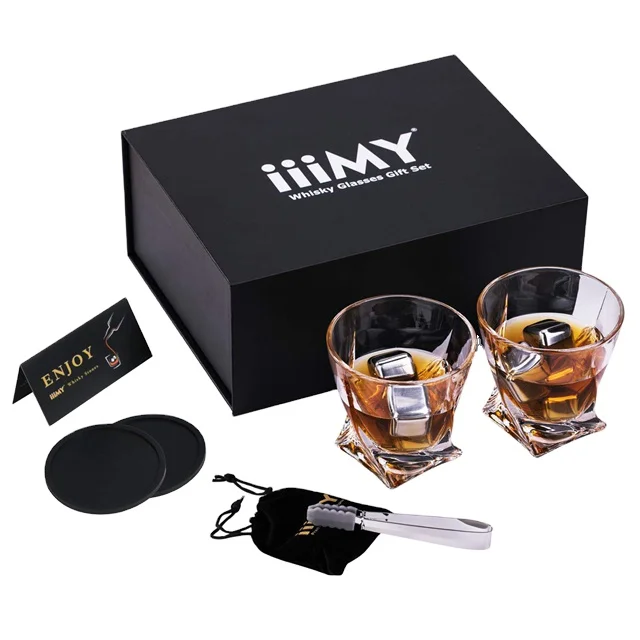 iiiMY Whisky Stones Gift Set Whiskey ice cube and Glasses in Deluxe Gift Box and Silicone coaster