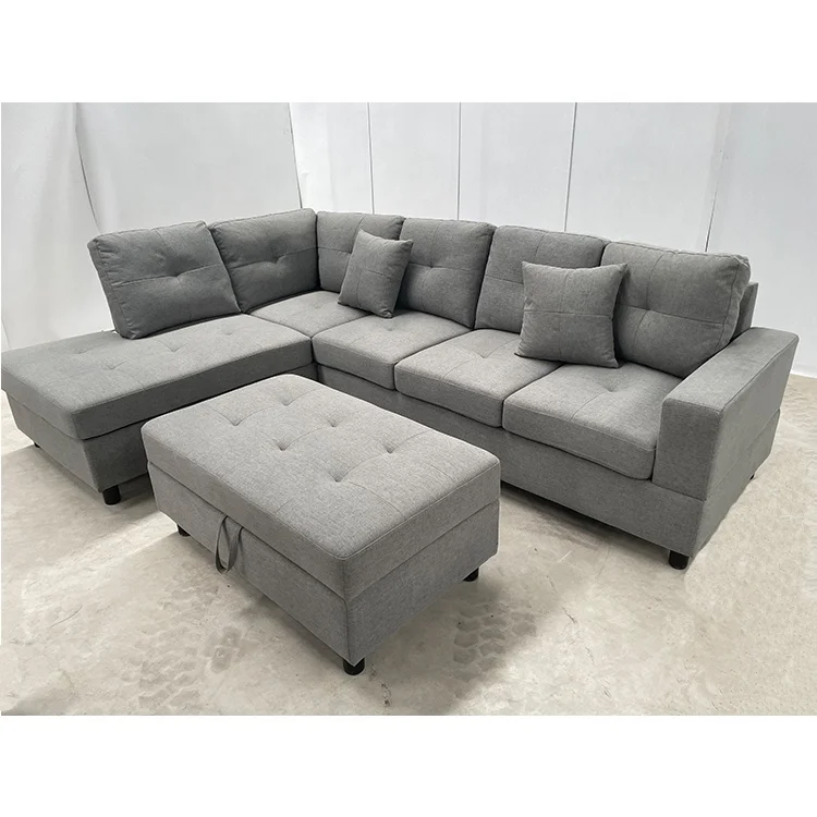 Custom Fabric Soft Sofa Solid Wood Base Square Arm L Sectional Chaise Sofa With Storage Ottoman