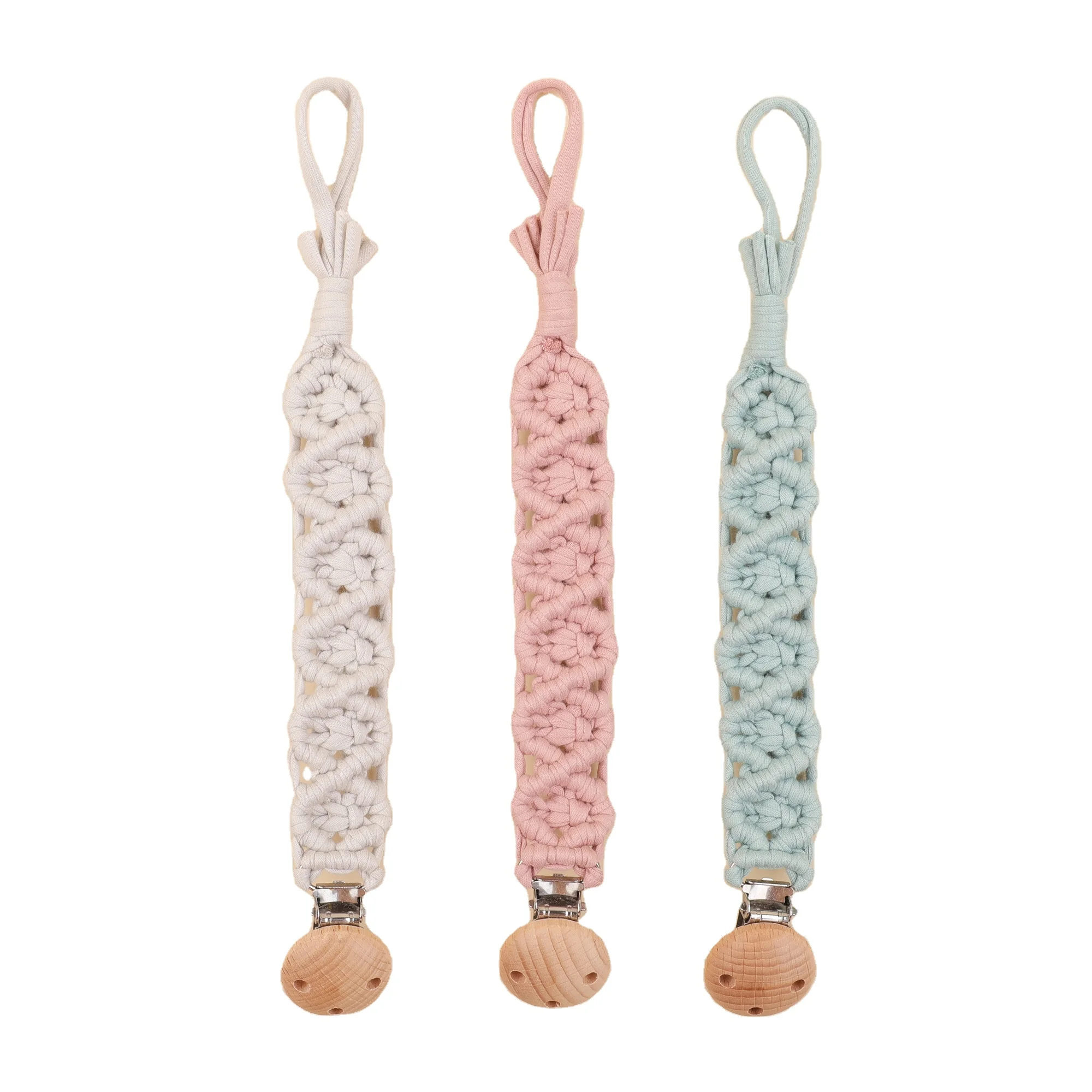 2024Haoyuan Popular Safety Handmade 100% Cotton Soft Woven Knitted Baby Crochet Teething Pacifier Chain Clip Toddler Teether Toy
