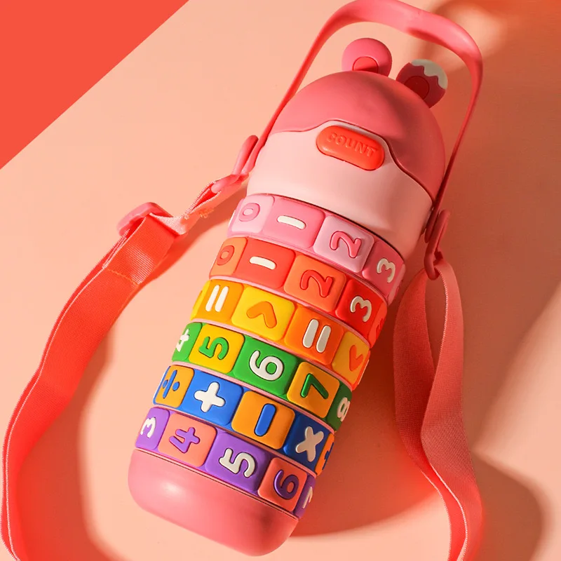 430ml Kids Stainless Steel Straw Thermos Mug With Case Cartoon Leak-Proof Vacuum Flask Children Thermal Water Bottle Thermocup