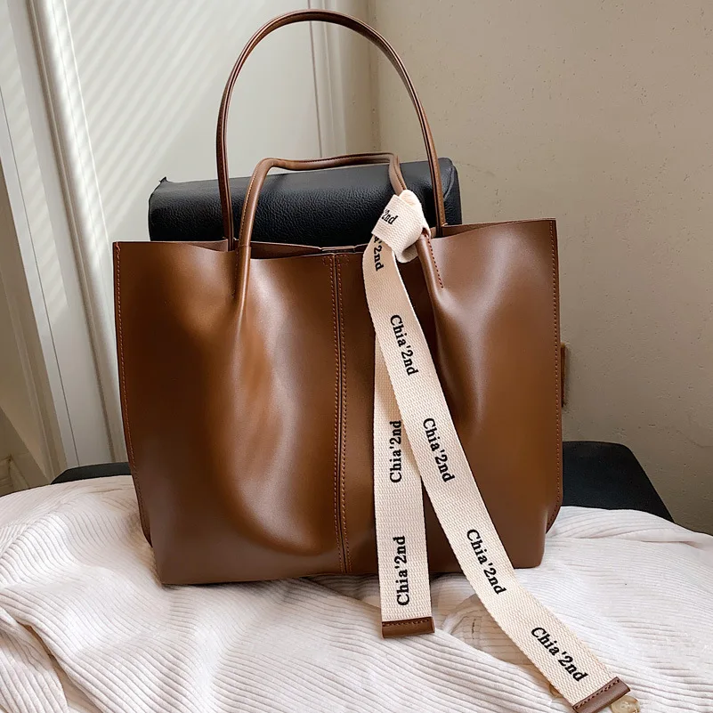 2023 Wholesale Pu Leather tote Bag Women vintage Handbag Lady Big Khaki Bag with ribbon