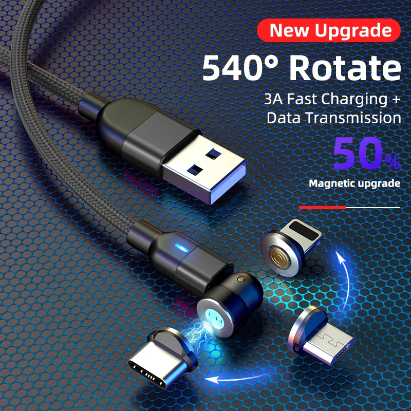 
Distinctive design 540 degree rotation USB Cable 3A fast charge Magnetic Charging Cable for i-product/ Android/TYPE C 