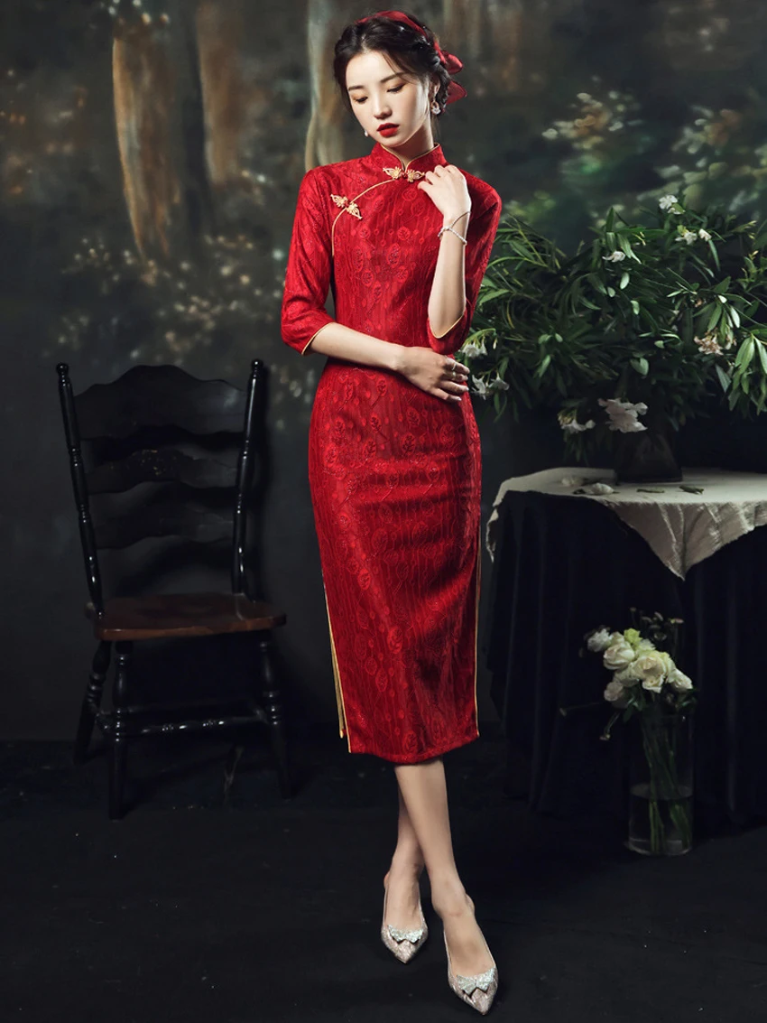 2025 new long bride qipao long sleeve luxury wedding red long dresses cheongsam women ladies party evening elegant factory
