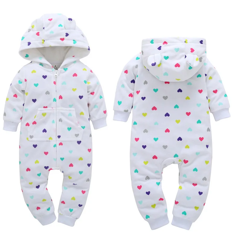 ecowalson Newborn Cotton Heart Printed Baby Clothes Hooded Warm Long-sleeved Baby Rompers Baby Jumpsuit