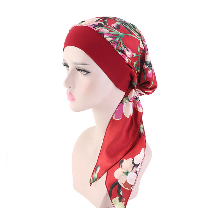 Fashion Women Flower Print Simulation Silk Durag Soft Hat Turban Headwear Long Tail Head Wrap Waves Durags