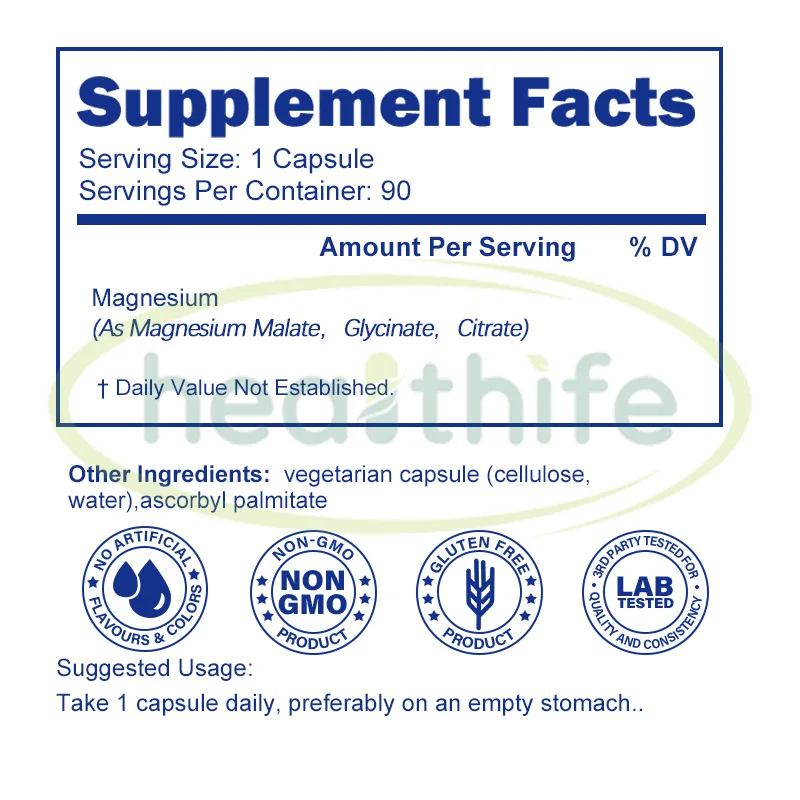 Healthife Magnesium Complex Supplement Magnesium Glycinate Malate Citrate 500Mg 90 Capsules