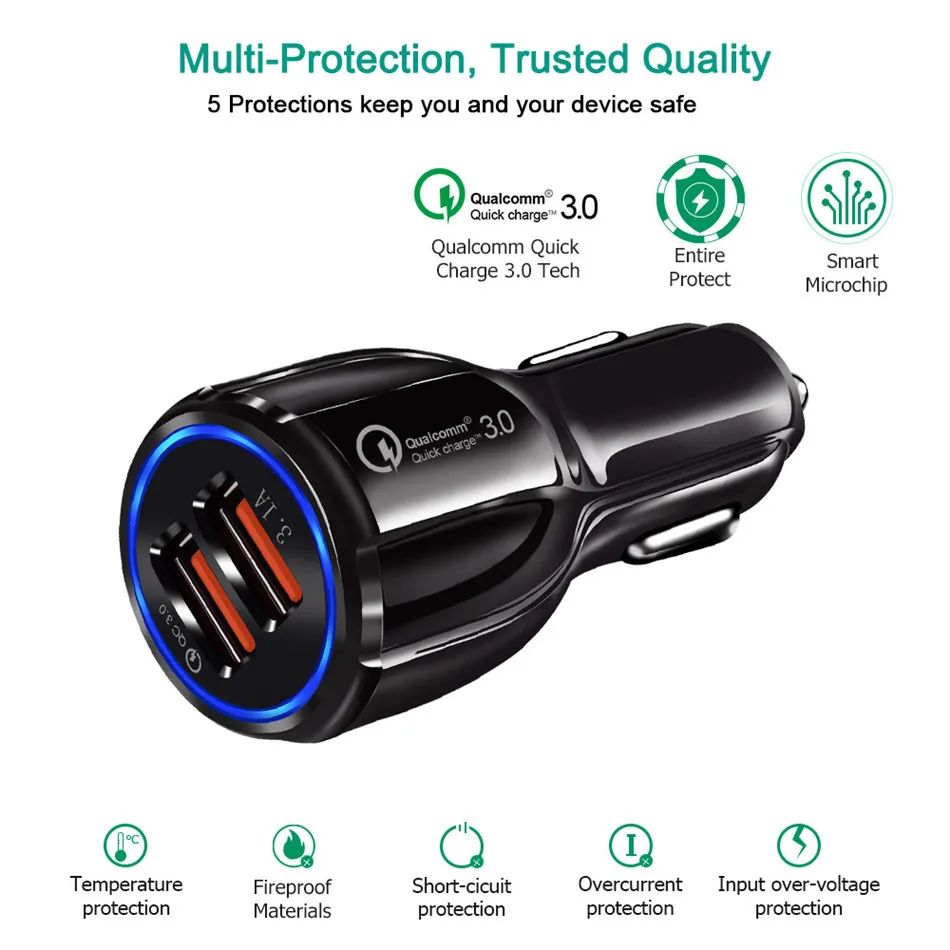 Dual USB Car Charger LED PD QC 3.0 30W Fast Charging Mobile Phone Charge For iPhone 12 11 Pro Max X Samsung Xiaomi Huawei