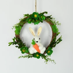 Hot Selling Special White Bunny Green Wood Flower Garland Natural Green Moss Easter Decoration Ratton Wreath