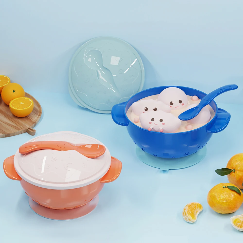 Wholesale No Spill PP Plastic Kids Baby Products Suction Food Snack Dining Bowl Babies Feeding Bowls Set With Suction Spoon Lid