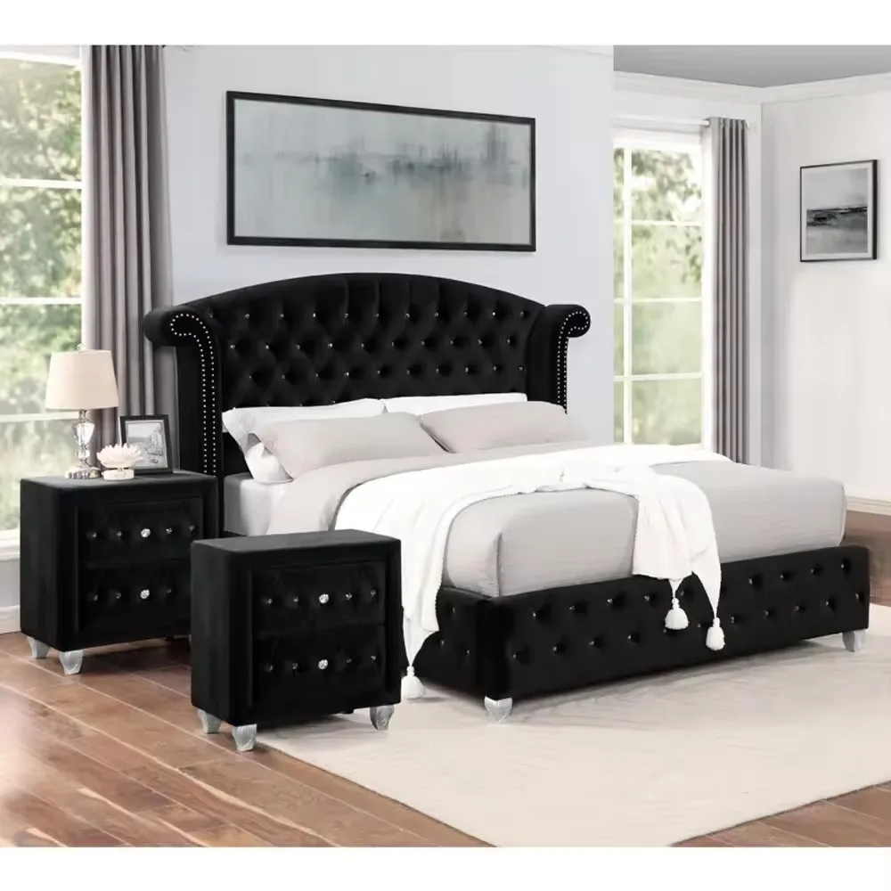 Docarelife Luxury Modern Hand Carved Velvet King Size Bedroom Furniture Set High Quality Bed