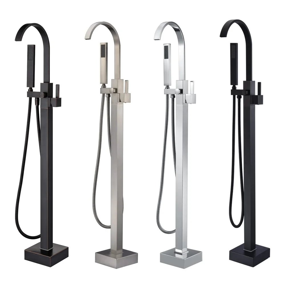 Matte Black Single Handle Floor Standing Bath Faucet Freestanding Bathtub Handheld Shower Set