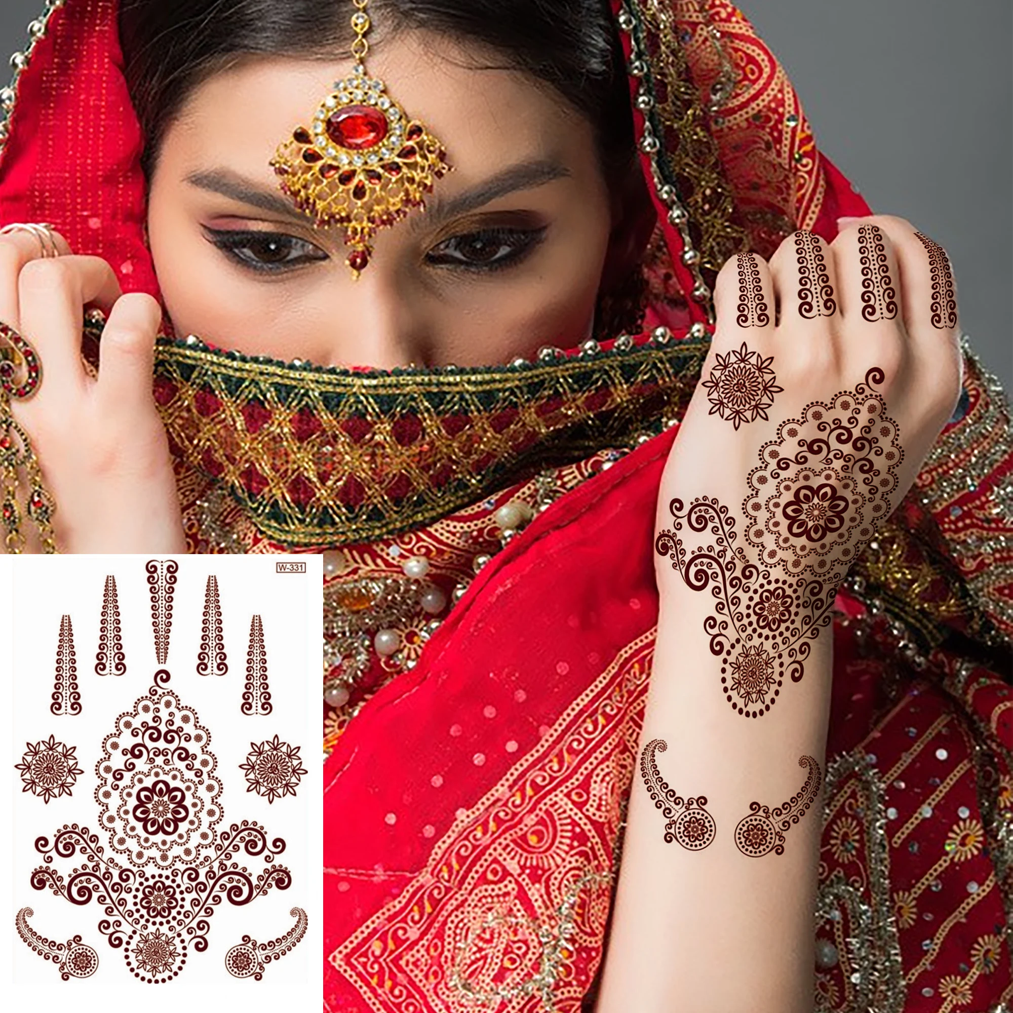 Hot Sale Fashion Henna Mehndi Red Brown Tattoo Stickers Body Art Arabic Face Hand Temporary Tattoos Waterproof Sticker