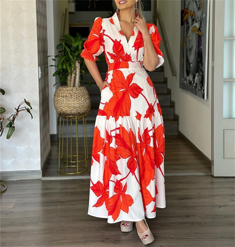 Wholesale african women fashion designs puff sleeve floral dress elegant