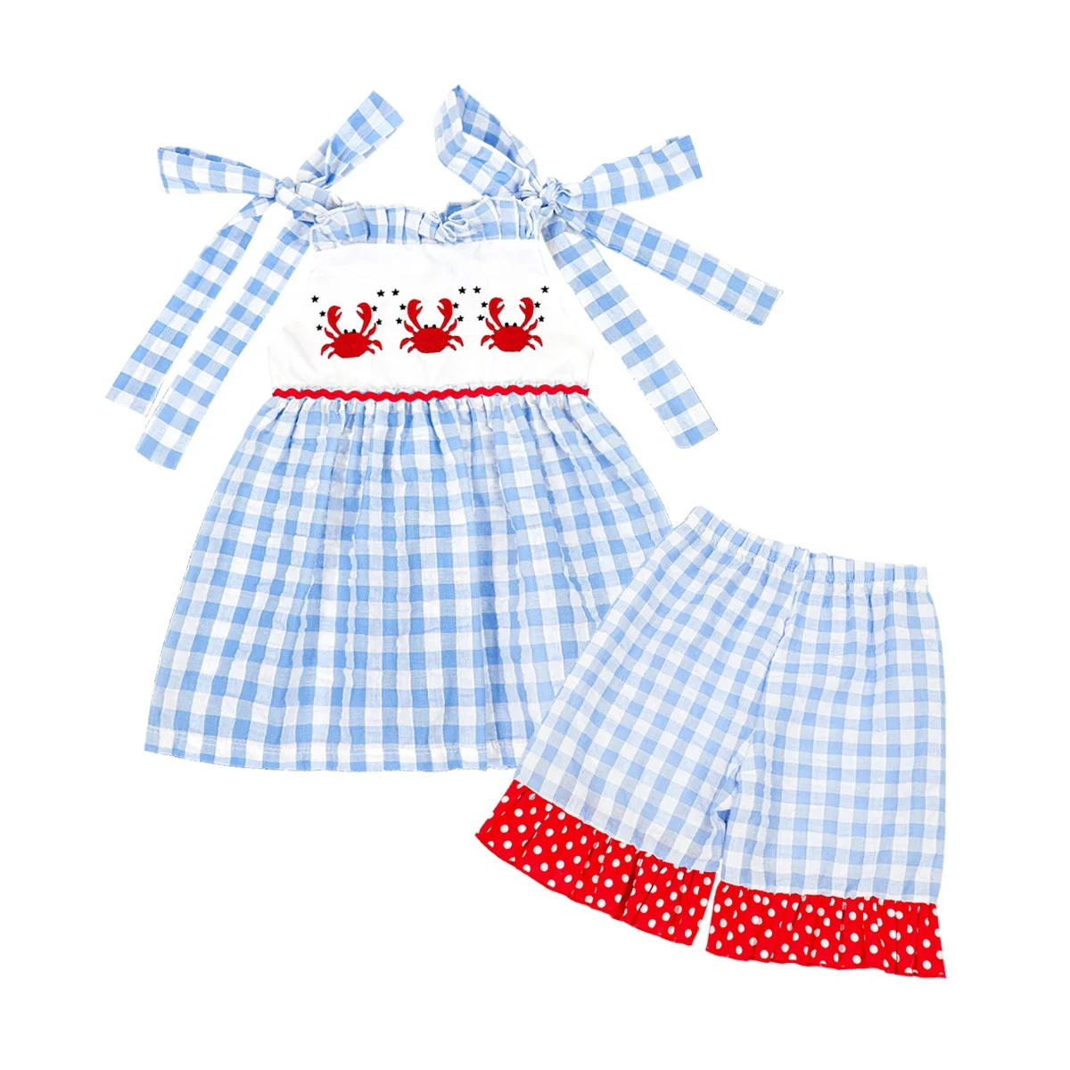 Wholesale children summer clothes crab applique girl two pieces outfit seersucker summer kids clothing girls