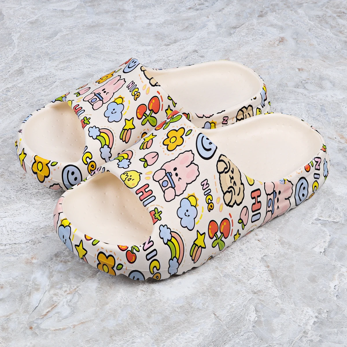 Printed Slippers Kawaii Cartoon Pillow Slide, Lightweight Soft Sole EVA Slip On Home Slides, Casual Non-slip Summer Beach Slides