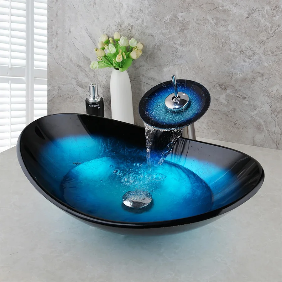 Hand Painted Bathroom Combo Set Tempered Vessel Sink Single Hole Black Blue Waterfall Faucet Glass Wash Basin