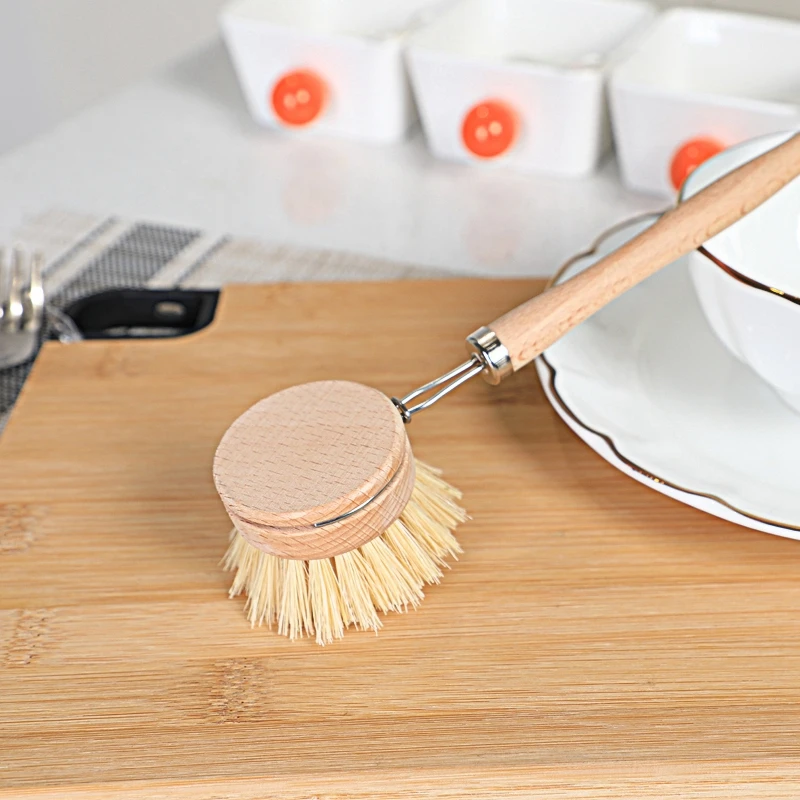 Eco-friendly Kitchen Cleaning Brush Dish Washing Brush Beech Wood Long Handle Sisal Dish Brush